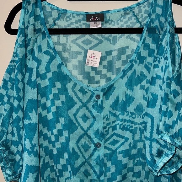 Dots size 2X pullover cold shoulder scoop neck sheer short sleeve blouse blue - Picture 11 of 13